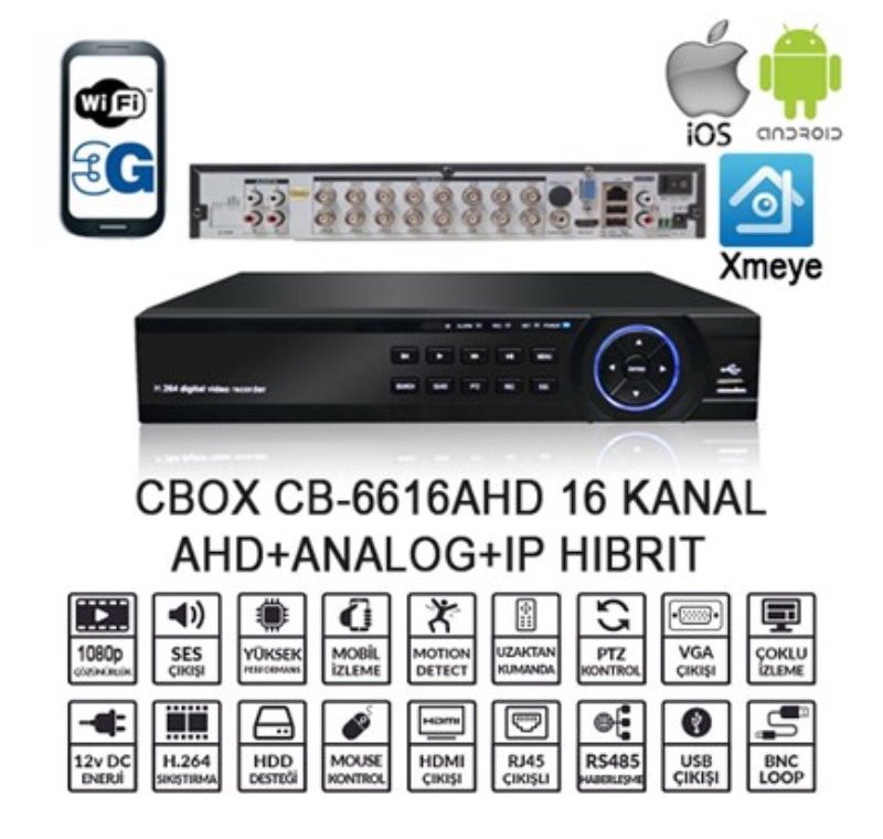 CBOX CB-6616AHD 16 KANAL 1080 6 SES AHD+ANLG+IP XMEYE HIBRIT DVR KAYIT CIHAZI -CBOX CB-6616AHD